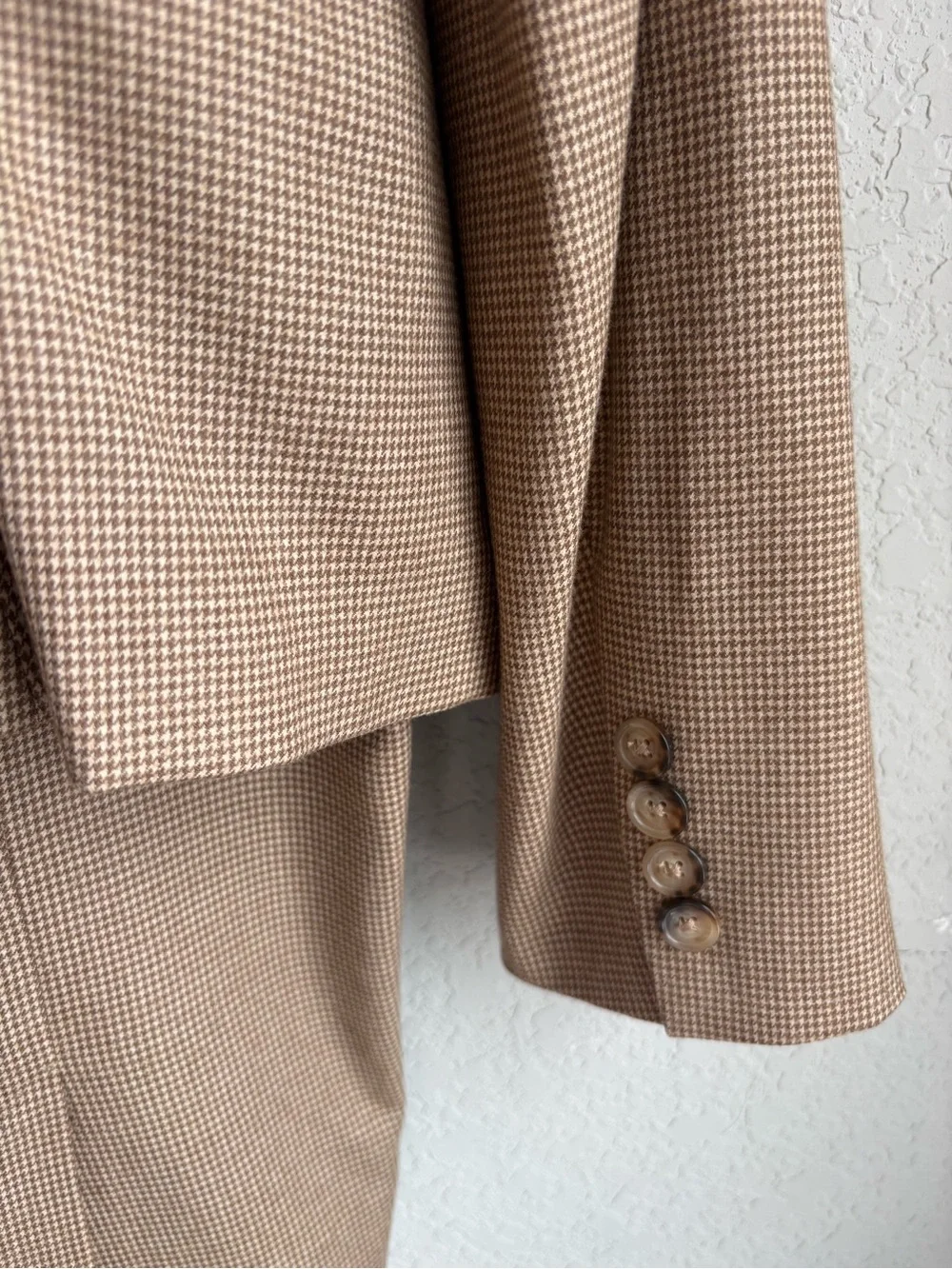 Ralph Lauren Vintage Wool Cashmere Skirt Suit Women US12 Camel Houndstooth silk